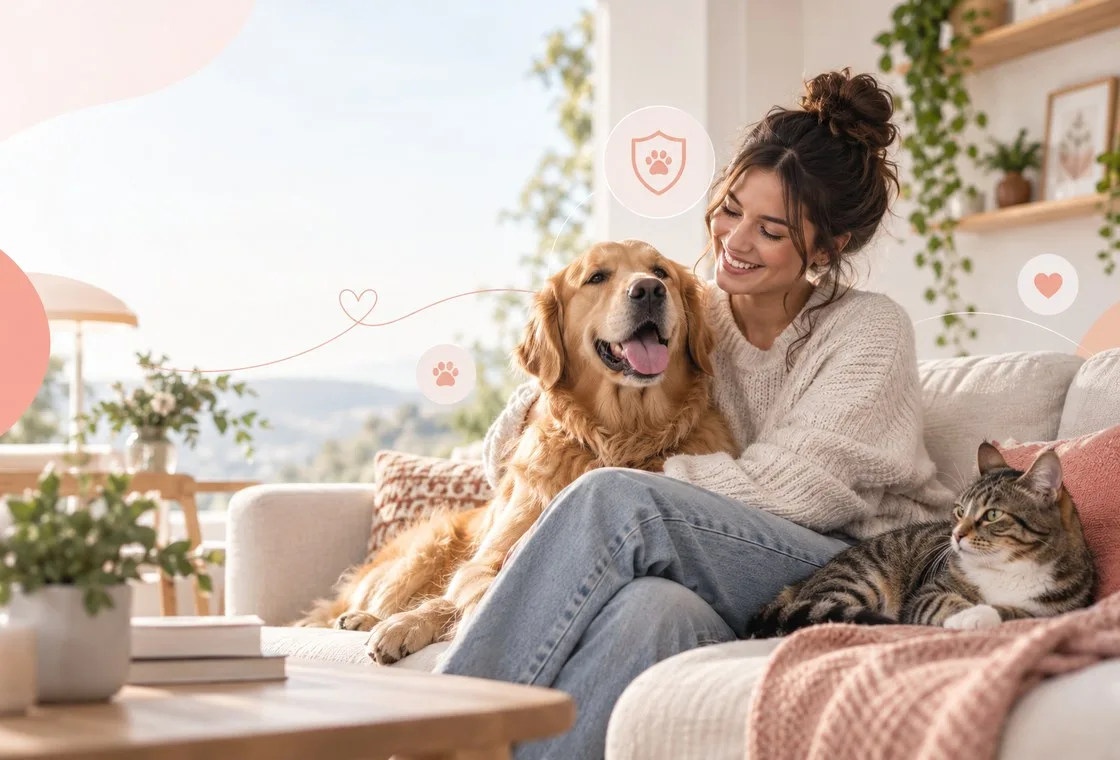 An owner relaxing at home with a dog and a cat